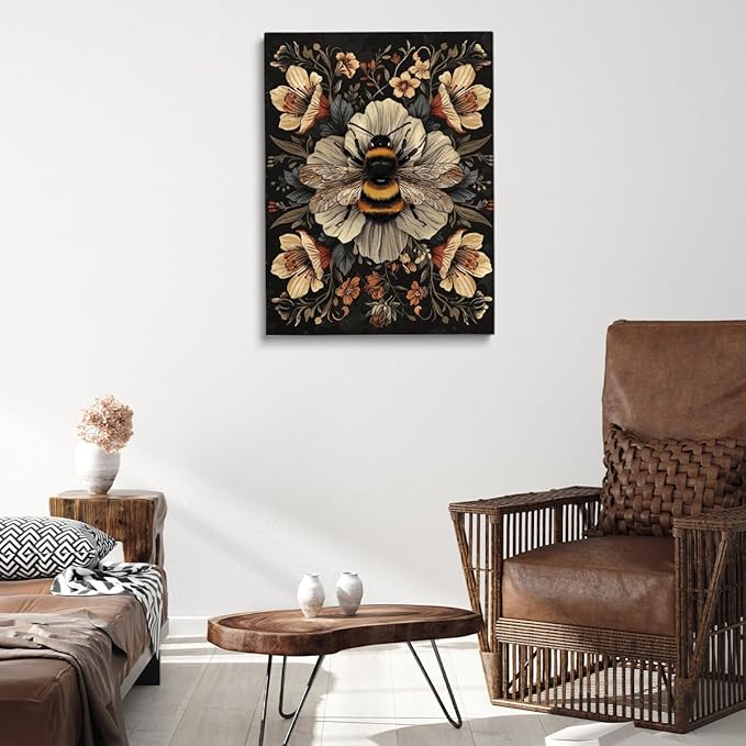 Vintage Bumble Bee Poster William Morris Wall Art Print,Vintage Floral Cottagecore Decor Mid Century Dark Academia Decor Botanical Canvas Print for Office Bedroom Living Room 12x16in Frame wall art