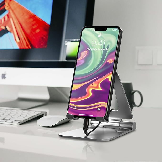 Cell Phone Stand for Desk Phone Holder Foldable Portable Adjustable Cradle Dock Compatible with iPhone 15 14 13 Pro Max, iPhone 12 11 Plus SE XS XR 8 7, Office Desk Travel Accessories, Silver