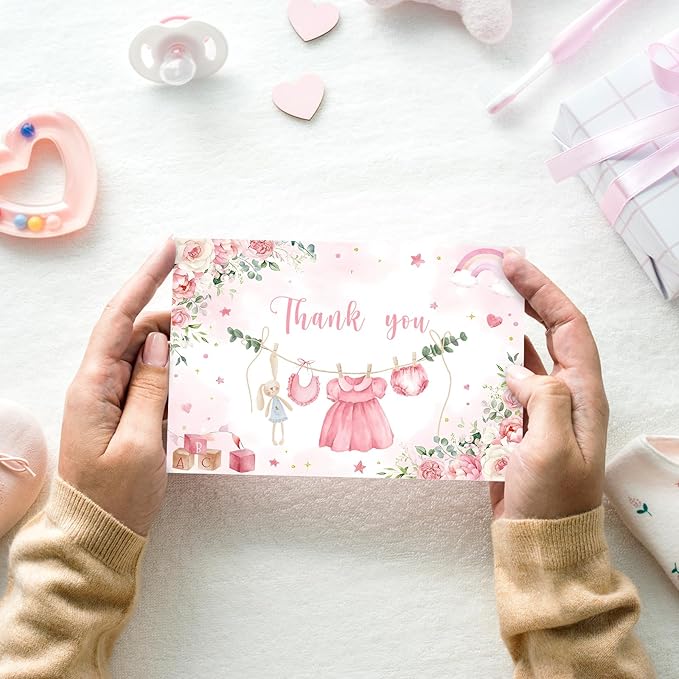 24 Pack Baby Shower Thank You Cards Pink Baby Cloth Floral Greeting Cards with Envelopes Stickers Blank Note Cards for Girl Birthday Baby Shower, 4 x 6 Inch