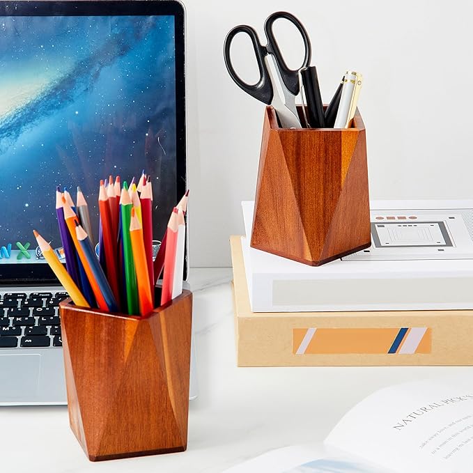 Henoyso 2 Pcs Wood Pen Pencil Holder Geometric Pencil Cup Stand Makeup Organizer for Pen Holder Desk Home Office Adults (Acacia Wood)