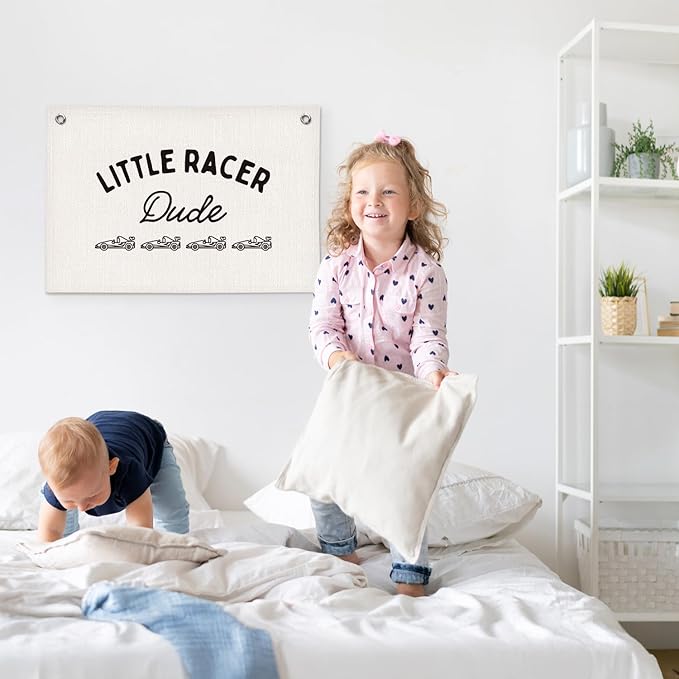 Little Racer Dude Boys Room Decor - Linen Banner Wall Hanging Canvas Banner Flag Decor for Toddler Boy Bedroom Nursery Playroom