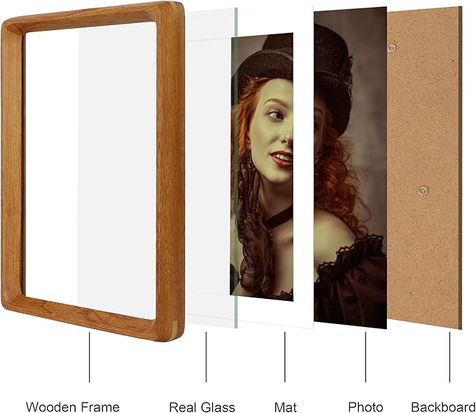 6x8 Picture Frame Natural Teak Wood with Mat for 5x7, Original Natural Solid Wood 6 by 8 Photo Frames with Tempered Glass Cover for Wall and Tabletop Display