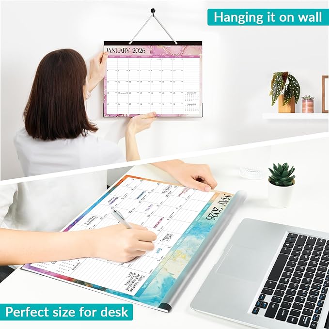 Forvencer Desk Calendar 2026, 20 Months Calendar, Nov. 2025-Jun. 2027, 14" x 11" Wall Calendar 2026 Monthly Planner with Plastic Cover & Stickers & Thick Paper for Office Home School Supplies, Marble