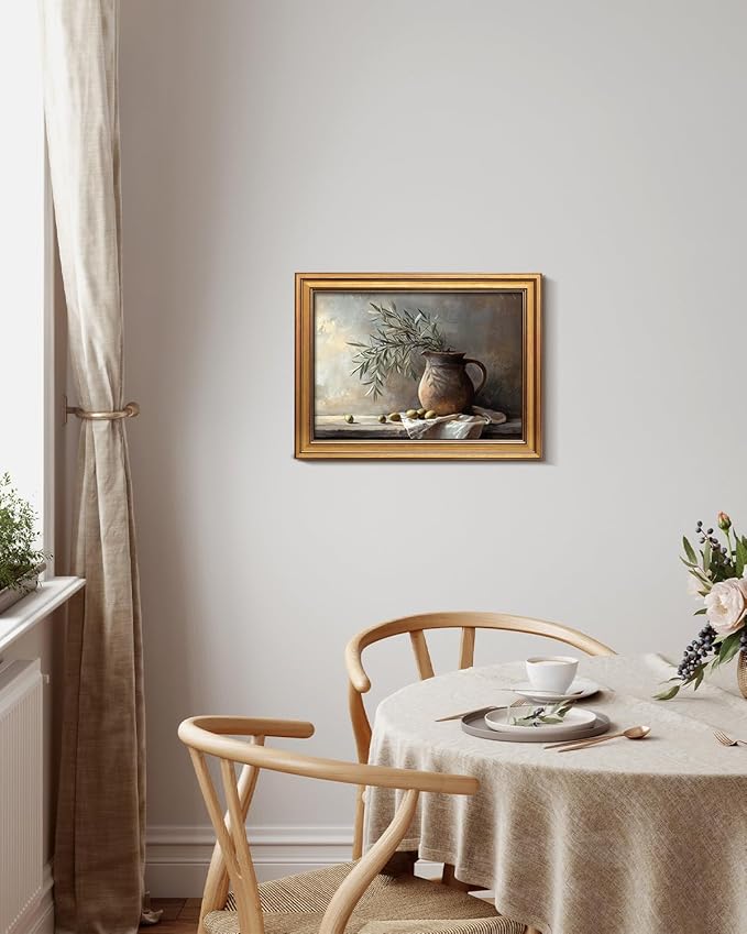 Bzstyleart Vintage Wall Art Decor,Gold Framed Wall Art 12 x 16 Inch Pottery Jar Olive Branch for Office,Canvas Picture Print Painting for Bedroom Living Bathroom Dorm