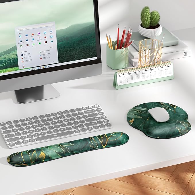 KTRIO Ergonomic Keyboard Wrist Rest, Memory Foam Mouse Pad with Wrist Rest for Computer Keyboard, Mouse Pad Set for Easy Typing & Pain Relief for Office & Home, Green Leaves