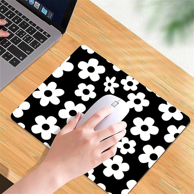 Square Mouse Pad Black White Flowers, Personalized Premium-Textured Custom Mouse Mat Design, Washable Mousepad Cloth, Non-Slip Rubber Base Computer Mouse Pads for Wireless Mouse