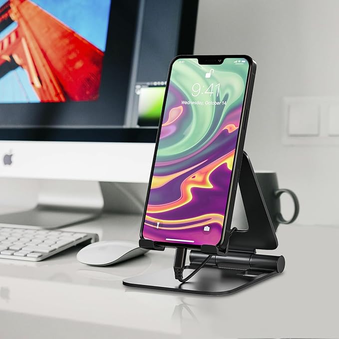 Cell Phone Stand for Desk Phone Holder Foldable Portable Adjustable Cradle Dock Compatible with iPhone 15 14 13 Pro Max, iPhone 12 11 Plus SE XS XR 8 7, Office Desk Travel Accessories, Black