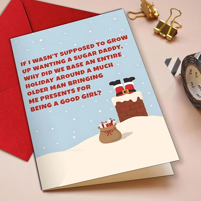 (5.3x8in) Funny Adult Christmas Card for Her, Naughty Sugar Daddy Holiday, Santa Stuck in Chimney, Festive Greeting for Girlfriend, Wife or Friend, Sexy Xmas Card with Envelope (Xmas 45)