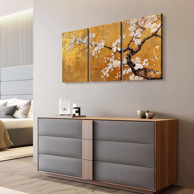 3 Pcs Framed Japanese Golden Plum Blossom Flower Wall Art Decor Canvas Print Picture Traditional Woodblock Print Style Farmhouse Poster Gallery Bedroom Living Room Office 16x24 Inch Ready to Hang