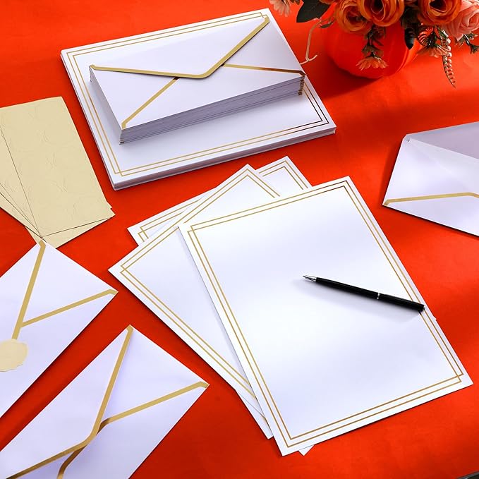 Gueevin 100 Pack White Stationery Set with Envelopes and Stickers Gold Border Letter Paper and Envelopes Set #10 Business Envelope 8.5x11 Paper Sheets and Stickers for Letter Writing Invitation