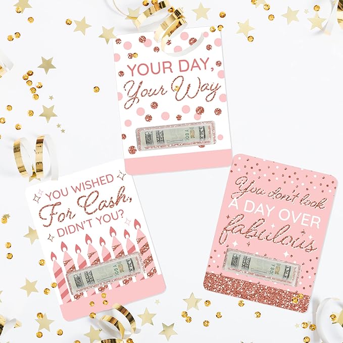 Big Dot of Happiness Pink Rose Gold Birthday - DIY Assorted Happy Birthday Party Cash Holder Gift - Funny Money Cards - Set of 6