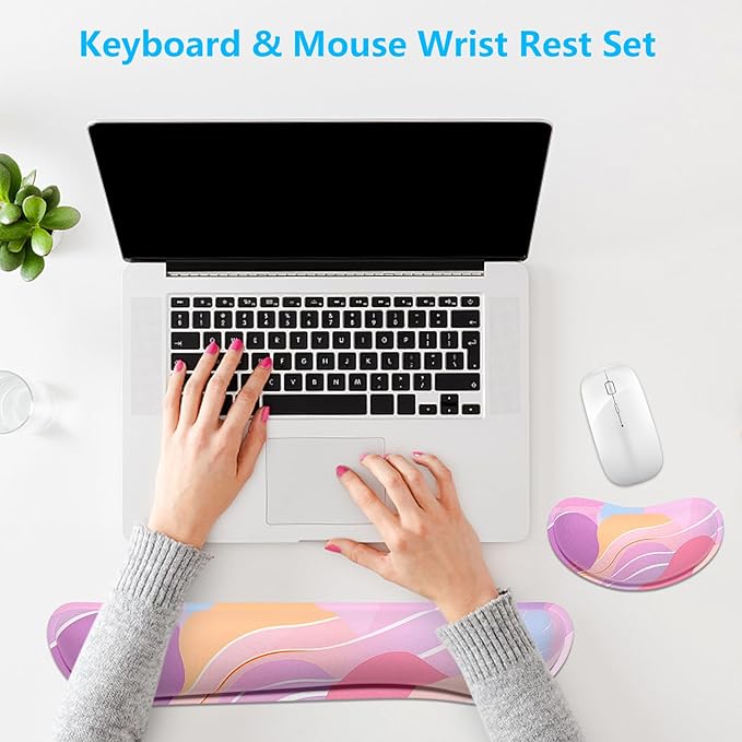 Dapesuom Enlarge Keyboard Wrist Rest, Memory Foam Wrist Cushion for Desk Mats Support, Typing Pain Relief Keyboard Mouse Pad Rests Set with Non-Slip Base for Gaming Laptop Computer, Purple Abstract