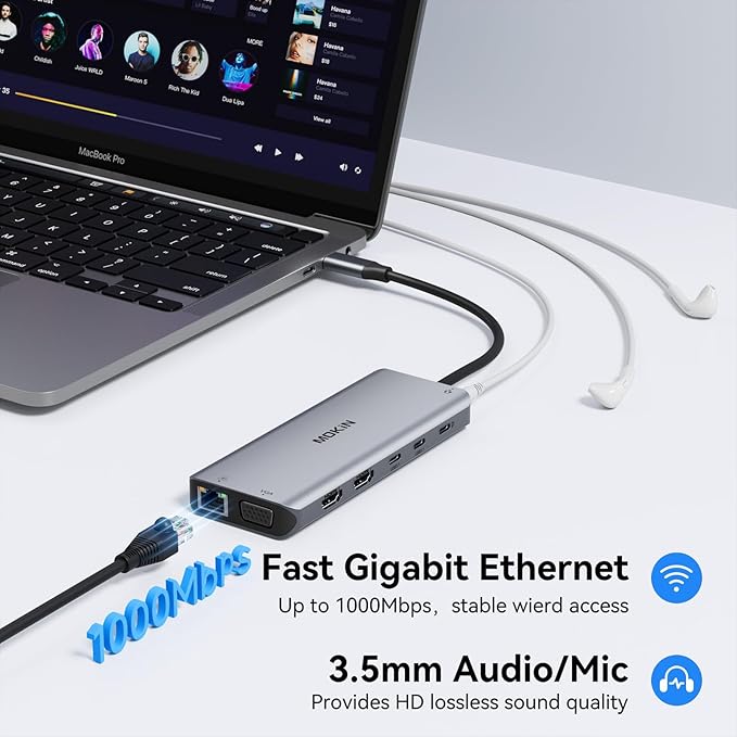 USB C Laptop Docking Station Dual Monitor, 14 in 1 Docking Station 3 Monitors Multiport Adapter with 2 HDMI 4K, VGA, RJ45 Ethernet, 10 Gbps USB C/A, 100W PD, SD/TF, 3.5MM Audio&Mic for Dell HP Lenovo