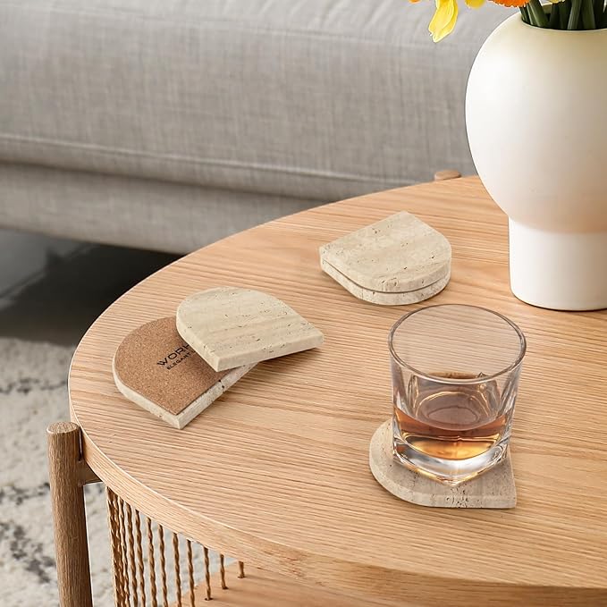 WORHE Marble Coaster for Drinks Set of 5 Natural Travertine Coasters for Home Decor Coffee Table, Modern Style Stone Cup Mat for Housewarming Party Hotel Bar Christmas Anniversary Present Beige(DL020)