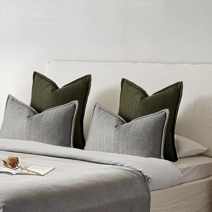 22x22 Linen Pillow Covers Olive Green Pack of 2 Farmhouse Boho Neutral Accents Striped Textured Square Decorative Throw Pillow Cases for Living Room Couch Bed Home Decor