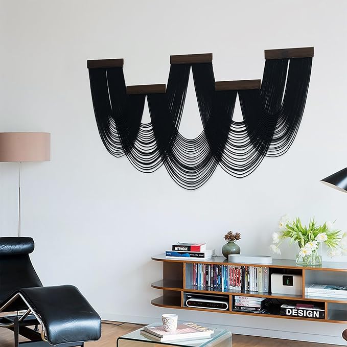 LB Large Macrame Wall Hanging, Black Boho Tapestry Wall Hanging Macrame Wall Art Handmade Yarn Woven Wall Art Modern Home Decor Headboard Wall Decor for Bedroom Living Room Dorm Nursery, 53x28 Inch