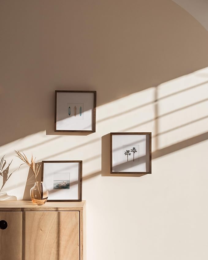HAUS AND HUES Walnut Square Frames 8" x 8" Matted to 4" x 4" - 8"x8" Square Gallery Wall Frame Set Ideal for Home, Office (8x8 in, Walnut, Set of 3)