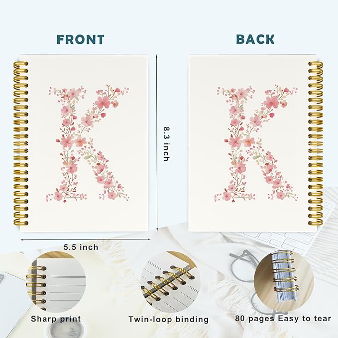 Pink Cute Spiral Notebook Journal, Preppy Floral Initial Letter K Personalized Journaling Notebooks, Monogrammed Gifts for Women Girls, Botanical Hardcover Spiral Lined Notebook 5.5 x 8.3