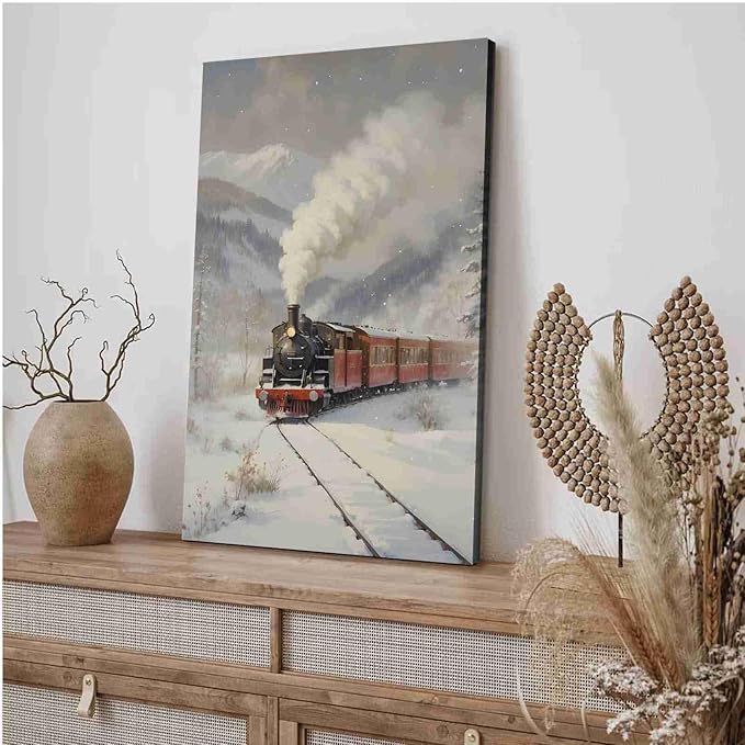 Framed Canvas Wall Art Christmas Print Train Painting Winter Scenery Landscape Snowy Railroad Wall Art Moody Christmas Decor 8x12in Wood Framed