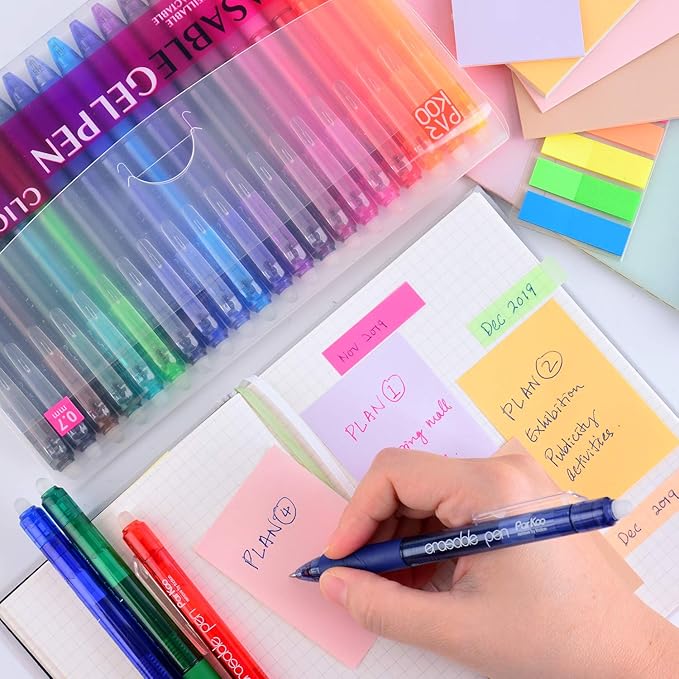 ParKoo 20 Colors Retractable Erasable Gel Pens Clicker, Fine Point 0.7 mm, Make Mistakes Disappear, Comfort Grip for Drawing Writing Planners and Crossword Puzzles