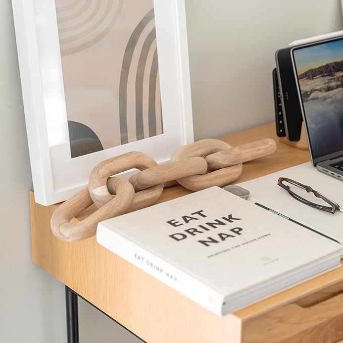 PEAKOLY Book Shelf Decor Items - Acacia Wood Chain Link Decor, Coffee Table Accessories, Bookshelf Decors, Sculpture for Shelves, Wooden Decorative Objects, Link Ornament, Living Room Accents