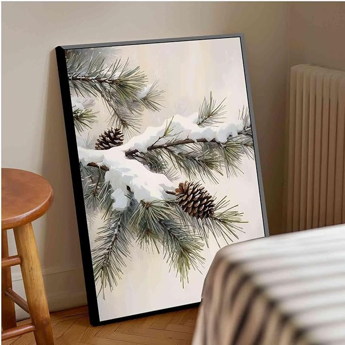 Framed Canvas Wall Art Snowy Fir Branch with Pinecones Vintage Winter Botanical Art Rustic Cottagecore Nature Decor Christmas Wall Print 12x18in Metal blackFramed