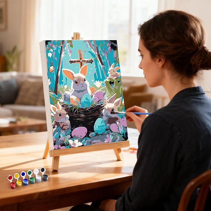 MXJSUA Easter Framed Paint by Numbers for Adults Beginners, Easy Adults' Paint-by-Number Kits on Canvas with Easel, Bunnies Acrylic Number Painting Crafts Kit Gifts for Home Decor, 8x12inch