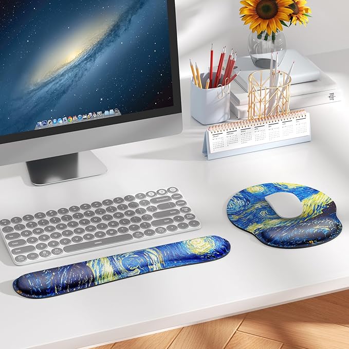 KTRIO Ergonomic Keyboard Wrist Rest, Memory Foam Mouse Pad with Wrist Rest for Computer Keyboard, Mouse Pad Set for Easy Typing & Pain Relief for Office & Home, Starry Night