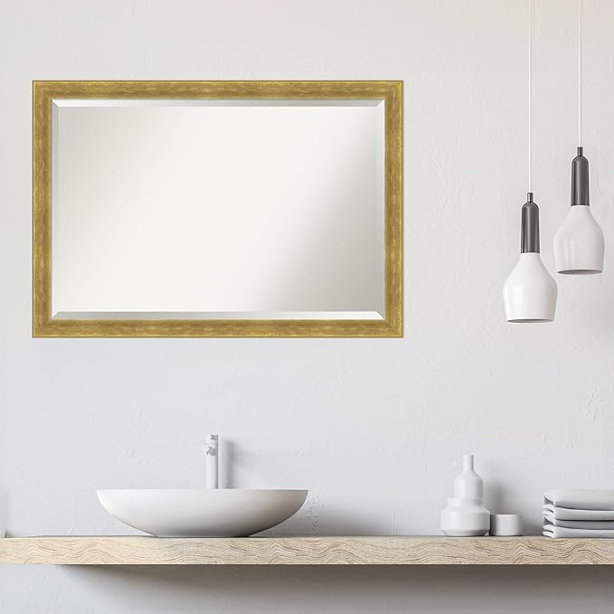 Amanti Art Gold Wall Mirror 27x39 Angled Gold Rectangle Bathroom Mirror for Wall Decor Living Room, Large Modern Wood Frame, Hangs Horizonally and Vertically, Bathroom Decor, Beveled Edge