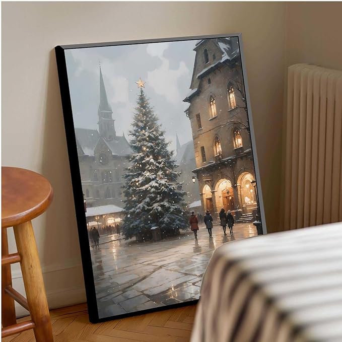 Framed Canvas Wall Art Vintage Christmas Tree Print Moody Winter Wall Art Farmhouse Christmas Decor 12x18in Metal blackFramed