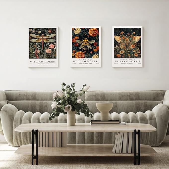 Hianan William Morris Animal Botanical Inspired Canvas Wall Art, Vintage Dragonfly Bee Butterfly Poster Prints, Maximalist Nature Flower Aesthetic Pictures for Living Room Bedroom Framed 12"x16"x3