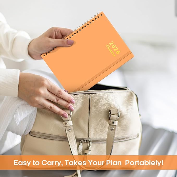 2026 Planner, Weekly and Monthly Calendar Planner for Women, Jan 2026 - Dec 2026, Hardcover Planning Agenda book with Tabs, Spiral Bound, Inner Pocket, Perfect for School Office Supplies, 6.3" x 8.5" - Bright Orange