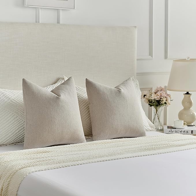 FUTEI Oatmeal Chenille Decorative Throw Pillow Covers 26x26 Inch Set of 2,Soft Cozy Faux Linen Textured Euro Pillow Shams,Farmhouse Home Decor for Couch Living Room