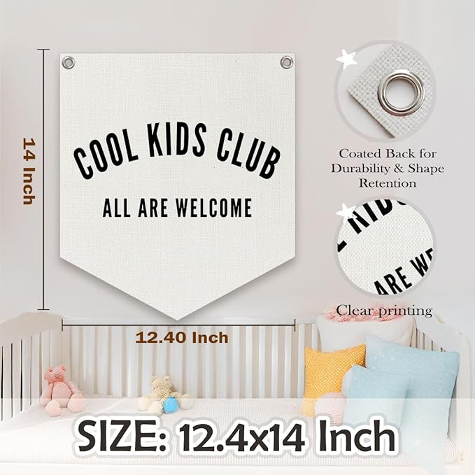 Cool Kids Club Pennant Banner – Playroom Decor, Boyhood Linen Pennant, Kids Wall Hanging, Canvas Triangle Flag for Toddler Boy Nursery & Playroom Essentials, 14.5x12.6 in
