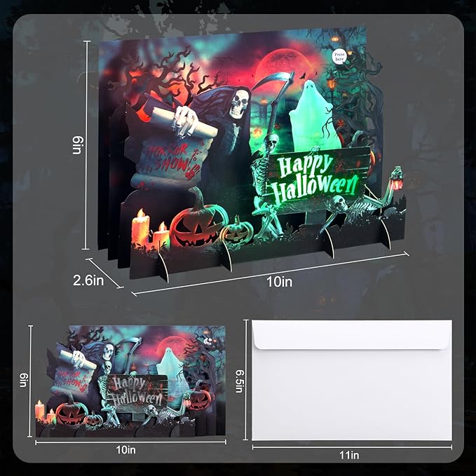 Halloween Cards, Happy Halloween Greeting Card, 3D Popup Card with Light and Music, Horror Skull, Pumpkin, Holiday Gift Card for Husband Wife Mom Men Women