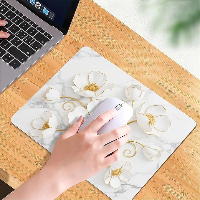 Square Mouse Pad White Marble Flowers, Personalized Premium-Textured Custom Mouse Mat Design, Washable Mousepad Cloth, Non-Slip Rubber Base Computer Mouse Pads for Wireless Mouse