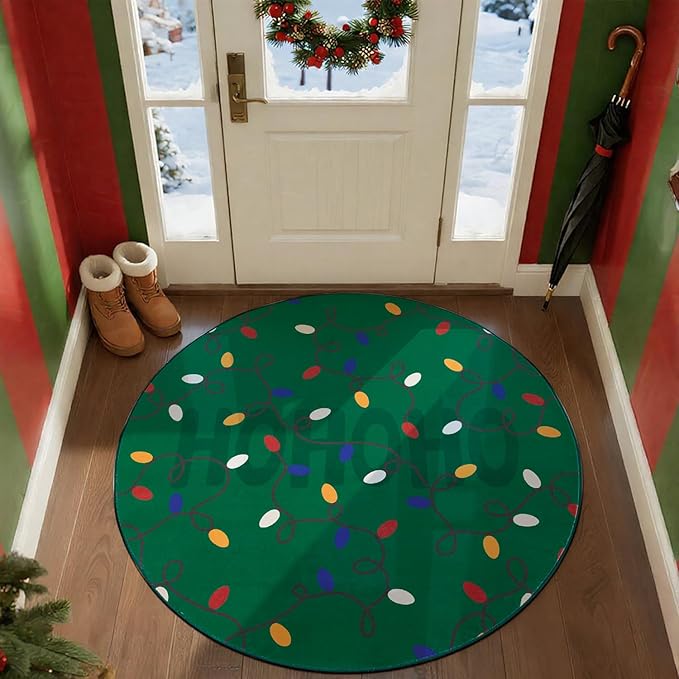 jinchan Jingle Lights Round Christmas Rug for Living Room 5ft Green Circle Holiday Rug for Bedroom 5' Colored String Lights Printed Xmas Decor Washable Indoor Carpet for Dining Room Foyer Non-Slip