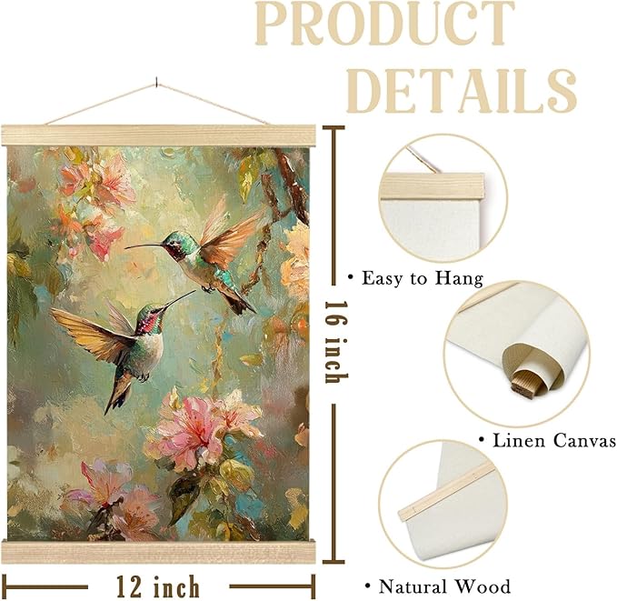 bitCNY Hummingbird Wall Art 12x16 Inches – Colorful Floral Canvas Painting, Nature Bird Artwork, Botanical Oil Style Home Decor 607