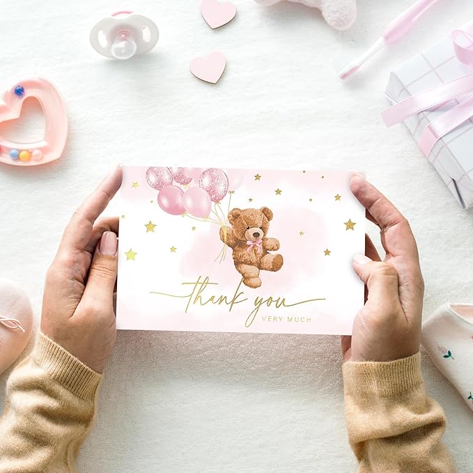 24 Pack Bear Gold Foil Thank You Card Pink Star Balloon Bear Greeting Cards with Envelopes Stickers Blank Note Cards for Birthday Baby Shower, 4 x 6 Inch