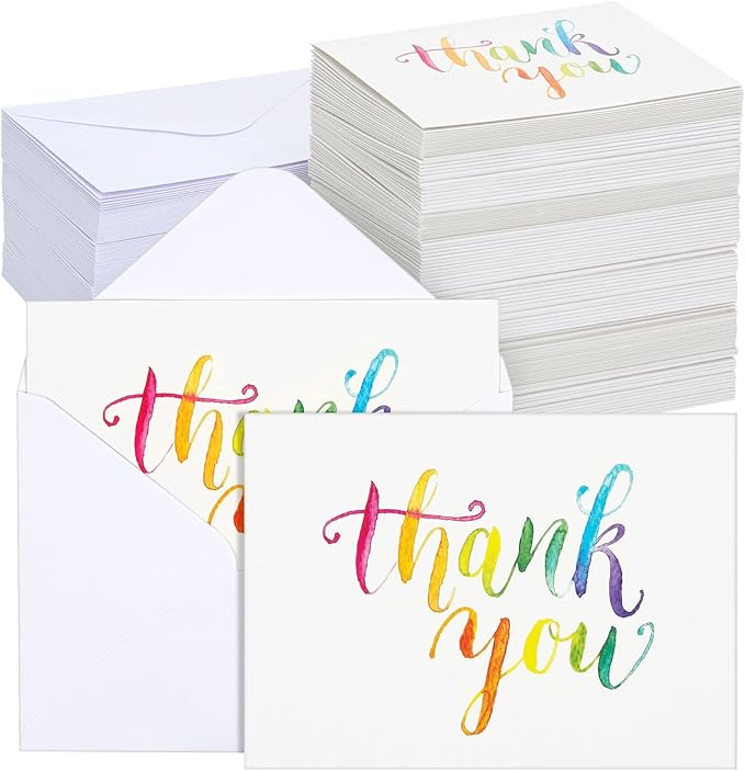 Sustainable Greetings 120 Pack Thank You Cards with Envelopes - 5 x 4-Inch Multicolor Watercolor Rainbow Font - Blank Inside - Bulk Thank You Notes Set for Weddings & Baby Showers