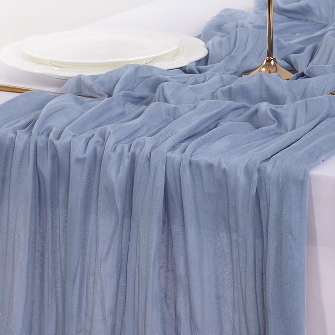 Socomi 3pcs Dusty Blue Valentine's Day Cheesecloth Table Runner Boho Rustic Gauze 120 inch 10FT Cheese Cloth Runner for Wedding Party Baby Shower Birthday Home Decor Holiday Decorations