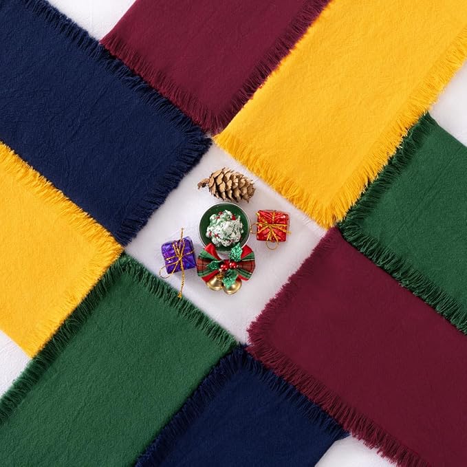 12 Pack Mixed Chriatmas Color Cotton Linen Napkins with Fringe Christmas Winter Napkins Cloth Set of 12 Boho Handmade Dinner Napkins Bulk for Wedding Xmas Dining Table, 17 x 17 Inches