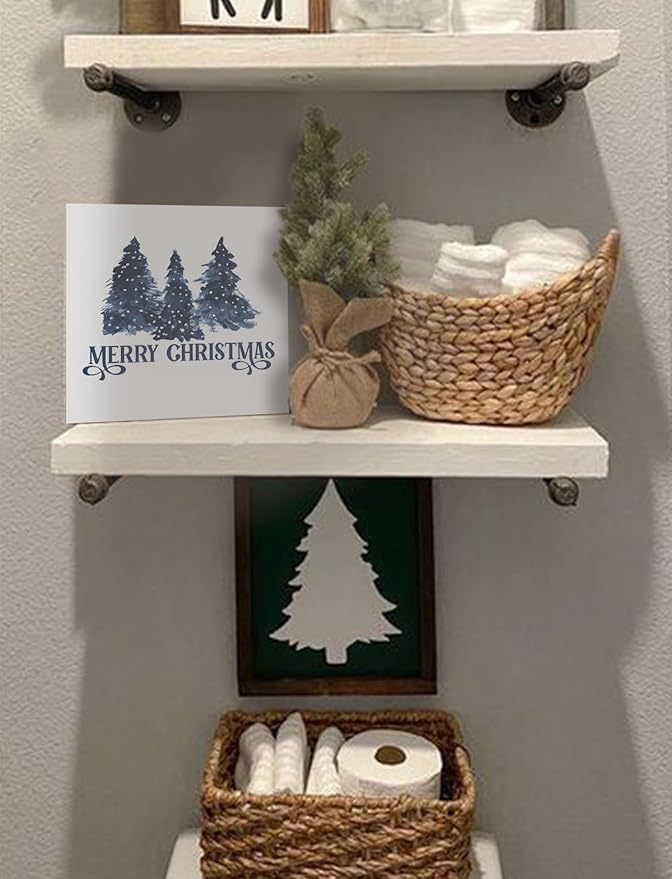 Navy Blue Christmas Tree Wooden Box Sign, Blue Christmas Decor, Farmhouse Merry Xmas Tree Winter Holiday Wood Signs for Home Office Desk Shelf Tabletop Decor, 5x5 Inch Decorative Signage