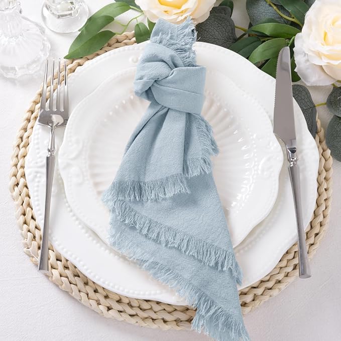 6 Pack Gray- Blue Cotton Linen Napkins with Fringe Spring Cloth Napkins Set of 6 Boho Handmade Dinner Napkins Bulk for Wedding Bridal Baby Shower Valentine's Day, 17 x 17 Inches
