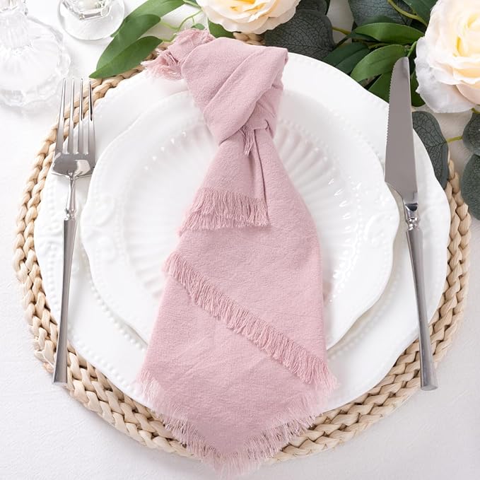 6 Pack Pink Cotton Linen Napkins with Fringe Spring Cloth Napkins Set of 6 Boho Handmade Dinner Napkins Bulk for Wedding Bridal Baby Shower Valentine's Day, 17 x 17 Inches
