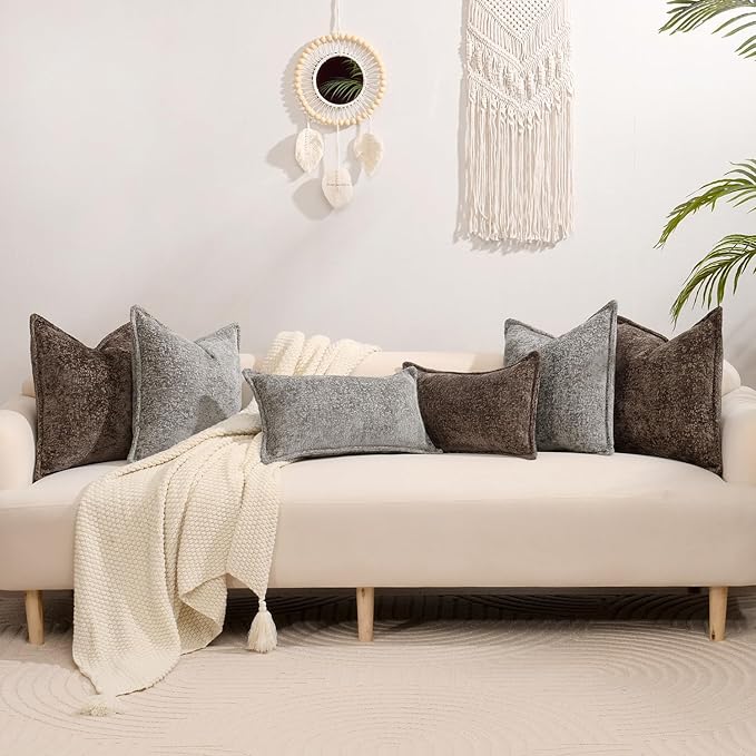 Pack of 2 Grey Decorative Throw Pillow Covers 22x22 Cozy Soft Chenille Accent Vintage Square Couch Pillow Covers for Home Decor Bed Sofa Living Room