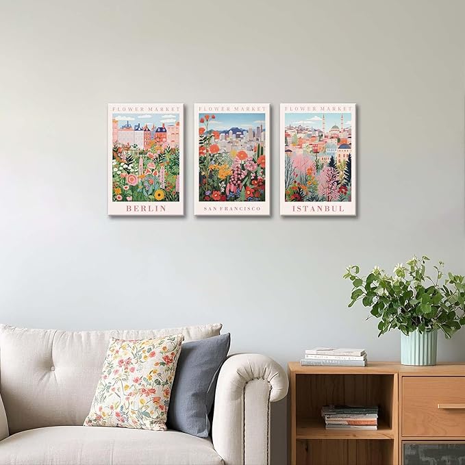 XLARTMY Flower Market Wall Art Prints Canvas Orange and Pink Floral Paintings Colorful Botanical Travel Flower Posters for Home Decor Pictures Set of 3 for Living Room Bedroom 16x24in Unframed