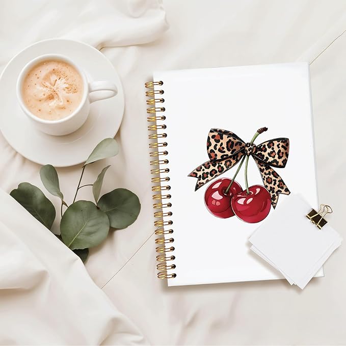 Leopard Bow Cherry Notebook Journal,Trendy Coquette Aesthetic School Supplies for Girls,Preppy Spiral Planner for Girls & Women,Cute Notebooks for Women, 5.5x8.3 Inch
