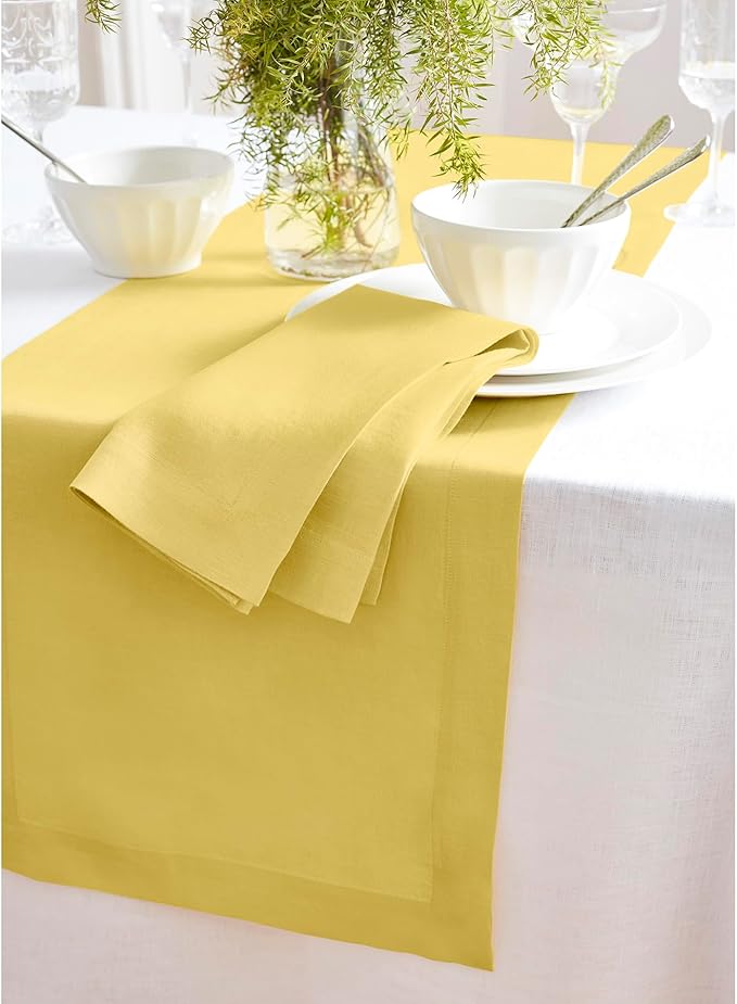 Solino Home Linen Yellow Table Runner 90 Inches Long - 100% Pure Linen 14 x 90 Inch Table Runner for Spring, Easter - Sonoma