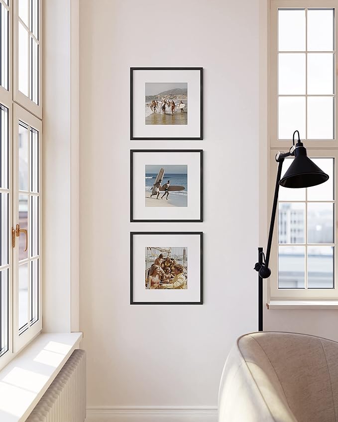 HAUS AND HUES Solid Oak Wood 12”x12” Picture Frames Matted to 8”x8” Set of 3-12 x 12 Black Frames for Gallery Wall, 12x12 Frame with Mat, Square Black Gallery Picture Frames 12x12